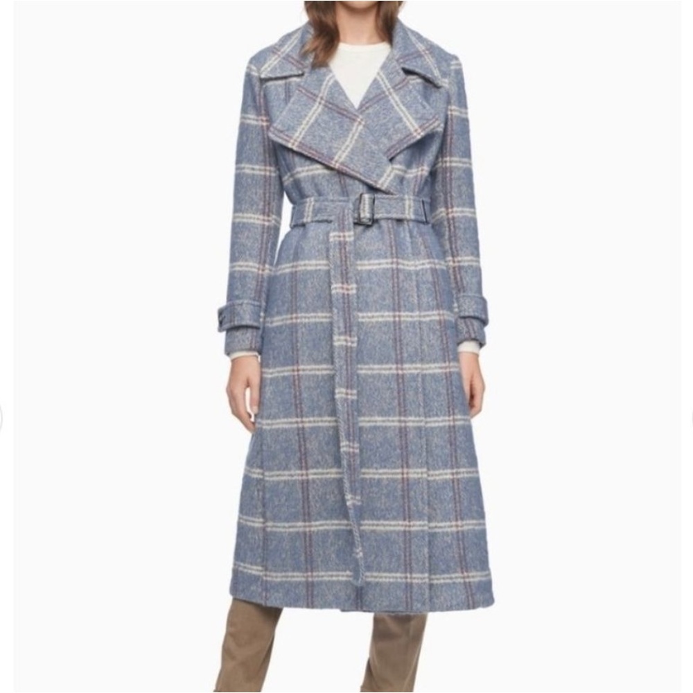 Calvin Klein Wool Blend Belted Wrap Plaid Coat